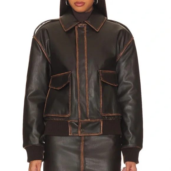 L’Academie - Bo Faux Leather Jacket in Brown, S - Picture 2 of 10